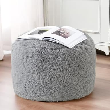 HIGOGOGO Round Stuffed Pouf Ottoman, Long Faux Fur Poufs with Foam Chunk Filling, Fluffy and Furry Pouf Foot Stool Storage Ottoman, 20 X 15 Floor Poufs Foot Rest for Living Room, Grey - Image 5