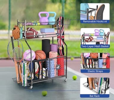 Mythinglogic Garage Sports Equipment Organizer, Baseball Storage Large Capacity, Sports Organizer for Garage with Hooks and Baskets, Ball Storage Rack for Football, Soccer Ball, Bat, Toys - Image 6