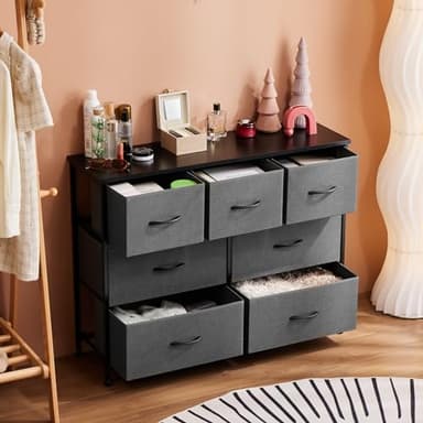 DUMOS Dresser for Bedroom with 7 Fabric Drawers, Chest Organizer Units for Clothing, Closet, Bedroom, Storage Tower with Cabinet, Metal Frame, Wooden Top, Lightweight Nursery Furniture, Grey - Image 8