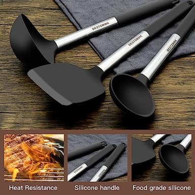 Kitchen Utensils Set-Silicone Cooking Utensils-32 pcs Non-Stick Silicone Cooking Kitchen Utensils Spatula Set with Holder-Best Kitchen Cookware with Stainless Steel Handle (Black) - Image 7