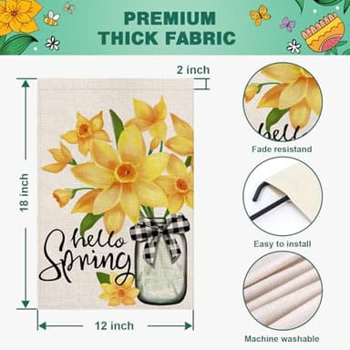 OPULANE Hello Spring Garden Flag Mason Jar Floral Buffalo Plaid Bow 12x18 Inch Double Sided Outside Small Burlap for Seasonal Yard Decoration Flag - Image 6