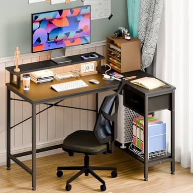 Fixwal Gaming Desk for Bedroom L Shaped Small Corner Computer Desk with Power Outlets and LED Lights, PC Desk, Home Office Desks with Drawer, Writing Desk Study Desk, Black - Image 4