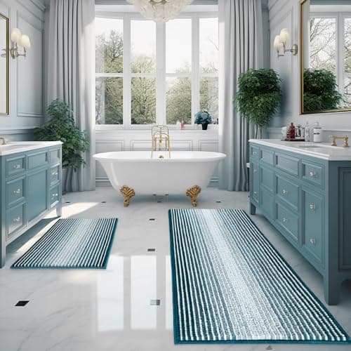 BSICPRO Bathroom Rugs and Mats Sets, 2 Piece Thick Absorbent Chenille Bath Mat Rug Set Non Slip, Soft Shaggy Bath Room Floor Mats for Bathroom, Machine Washable (20" x 60" Plus 20" x 32", Teal) - Image 1