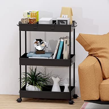 SPACELEAD 3 Tier Rolling Cart with Wheels, Storage Craft Art Trolley Organizer Serving, 3 Hanging Baskets Easy Assembly, for Office, Living Room, Kitchen, Black - Image 9