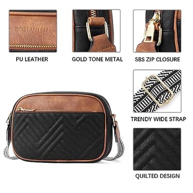 BOSTANTEN Quilted Crossbody Bags for Women Vegan Leather Purses Small Shoulder Handbags with Wide Strap Black with Brown - Image 4