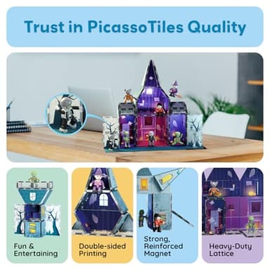 PicassoTiles Haunted House Theme Magnet Tile Building Blocks 8 Action Figures Magnetic Construction Toy Double Sided Printing Education STEM Learning Playset Halloween Adventure Kid Ages 3+ PTQ03 - Image 9