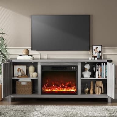 YESHOMY Fireplace TV Stand with Two Barn Doors and Storage Cabinets for Televisions up to 65+ Inch, Entertainment Center Console Table, Media Furniture for Living Room, 58 Inch, Gray Wash - Image 3