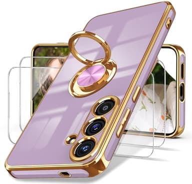 Dretal for Samsung Galaxy 25 Plus 5G Case, Screen Protector, 360° Rotatable Ring Holder Magnetic Kickstand,Plated Gold Edge Slim Soft TPU Protective Phone Case Cover for Galaxy 25+ (Purple) - Image 1