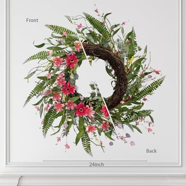 24" Artificial Spring Wreaths for Front Door, Handmade Pink Daisy Flower, Summer Large Wreath for Festival Wall Window Porch Patio Garden Farmhouse Decor - Image 3