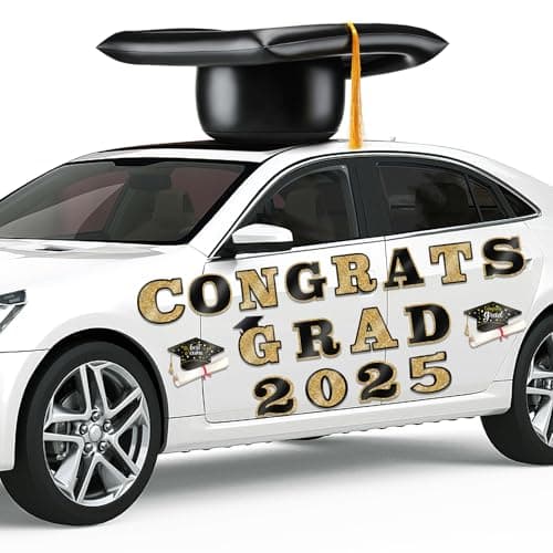 2025 Graduation Car Decorations 23'' Large Inflatable Grad Cap Car Decors Congrats Grad Letters Bulk Class of 2025 PVC Inflatable Cap for Senior High School Collage Prom Party Decors(Black, Gold) - Image 1