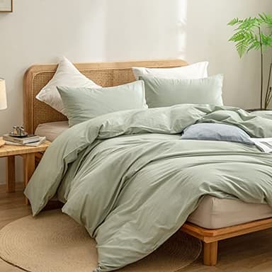 BESTOUCH Duvet Cover Set 100% Washed Cotton Linen Feel Super Soft Comfortable Chic Lightweight 3 PCs Home Bedding Set Sage Green Queen - Image 5