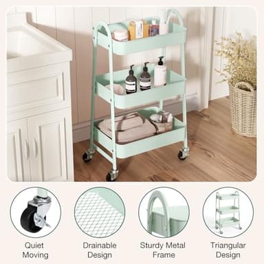 SMUG 3 Tier Rolling Cart - Metal Utility Carts on Lockable Caster Wheels, Mobile Storage Shelves Organizer for Livingroom, Bathroom, Kitchen, Bedroom & Narrow Places, Green - Image 2