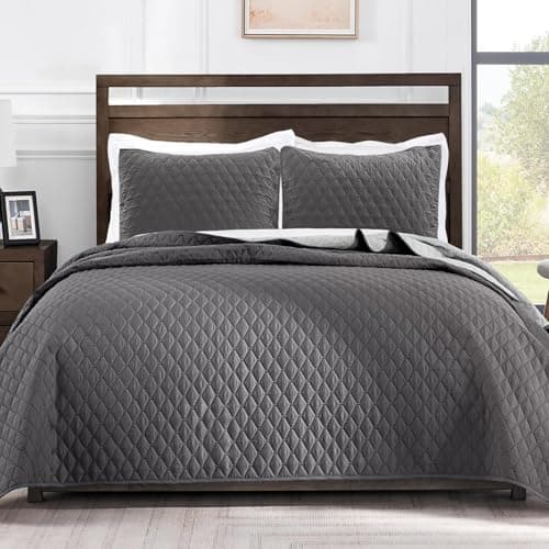 Exclusivo Mezcla Ultrasonic Reversible Full Queen Quilt Bedding Set with Pillow Shams, Lightweight Quilts Queen Size, Soft Bedspreads Bed Coverlets for All Seasons - (Grey, 90"x96") - Image 1