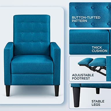 Yaheetech Fabric Recliner Chair Mid-Century Modern Recliner Adjustable Single Recliner Sofa with Thicker Seat Cushion Tufted Upholstered Sofa with Pocket Spring for Living Room Bedroom Blue - Image 5