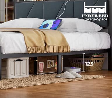 Furnulem Full Bed Frame with LED Lights,Headboard with Charging Station and USB Port,Upholstered Platform Bedframe Metal Support,No Box Spring Needed - Image 7