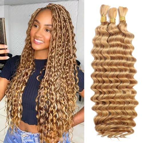AKONSOUL Human Braiding Hair Boho Braids 110g 12A Deep Wave Bulk for Braiding No Weft 3 Bundles Wet and Wavy Curly 100% Human Hair Extensions 22Inch Color 27 Caramel Honey Blonde - Image 1