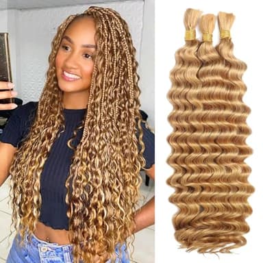 AKONSOUL Human Braiding Hair Boho Braids 110g 12A Deep Wave Bulk for Braiding No Weft 3 Bundles Wet and Wavy Curly 100% Human Hair Extensions 22Inch Color 27 Caramel Honey Blonde - Image 1