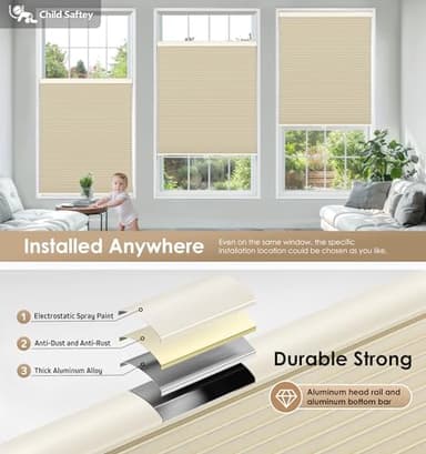 LazBlinds No Tools No Drill Cordless Cellular Shades, Blackout Light Blocking Honeycomb Shades for Home, Thermal Insulation Blinds for Windows, 40" W x 48" H, Beige - Image 3