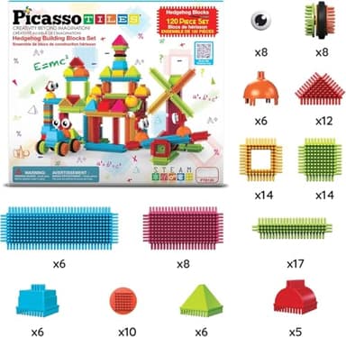 PicassoTiles 120pcs Hedgehog Interlocking Building Blocks Tiles Construction Toy Set Learning Playset STEAM Development Preschool Kindergarten Toy for Kids Age3+ PTB120 - Image 2