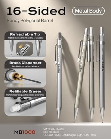 Nicpro 4 Pack Mechanical Pencil 0.7mm with Case, MB1000 Metal Mechanical Pencil Set with 8 Tube HB #2 Lead Refill 0.7 mm, 3PCS 4B Eraser, 9 Cap Eraser for Artist Drafting Writing, Sketching, Drawing - Image 2
