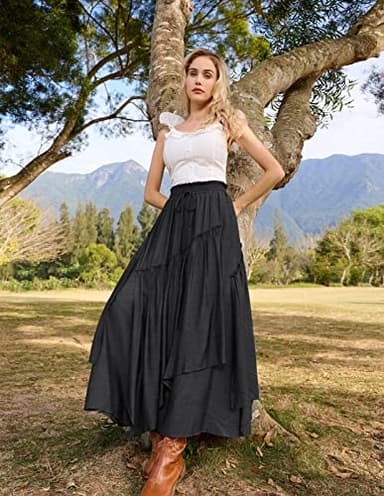 Scarlet Darkness Long Skirts for Women Renaissance Costume Pirate Maxi Skirt Plus Size with Pockets Black XL - Image 8