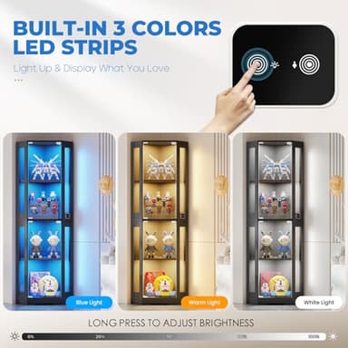 BROTTAR 65" Corner Glass Display Cabinet with LED Lights, 4-Tier Showcase Display Case with Glass Doors & Human Body Sensor for Collectibles, Liquor, Black - Image 3