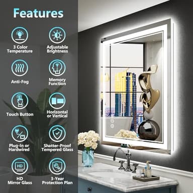 AWANDEE 24x30 LED Bathroom Mirror with Lights, Backlit & Front Lit, Anti-Fog Lighted Vanity Mirror for Bathroom Wall, 3 Colors, Dimmable, Memory, HD Tempered Glass, Shatter-Proof, Horizontal/Vertical - Image 2