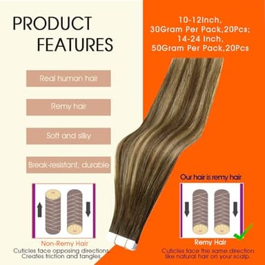 Full Shine Balayage Tape in Hair Extensions Human Hair Color 4 Brown Ombre 24 Blonde And 4 Brown Seamless Skin Weft Invisible Remy Tape in Extensions 24Inch for Women 50Gram 20Pcs Natural Straight - Image 2