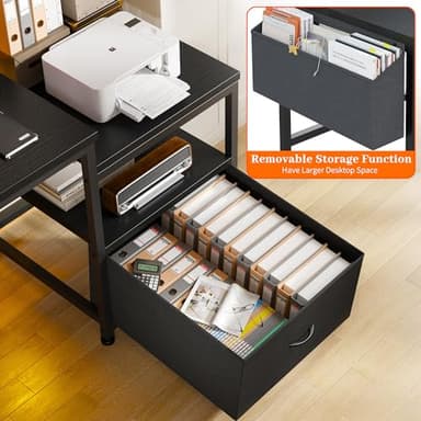 EnHomee 57" Computer Desk with Drawers and Printer Space,Office Desk with Power Outlets,Home Office Desks with File Drawers Cabinet,Study Writing and Gaming Desk with Shelves Monitor Stand,Black - Image 3