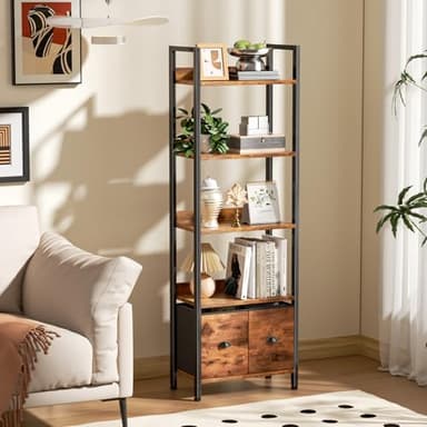 Furologee 5-Tier Bookshelf, Tall Bookcase with 2 Storage Drawers, Adjustable Industrial Display Standing Shelf Units, Wood and Metal Storage Rack for Living Room, Bedroom, Home Office Rustic Brown - Image 2