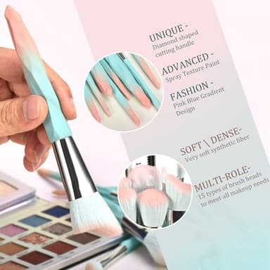 111 Pink Blue Gradient Makeup Brushes and Makeup Sponges Set 18Pcs/Set ,Soft Synthetic Fiber Makeup Brush Set,Suitable for Beginners/Makeup Artists, Valentine's Day, Christmas gifts - Image 2