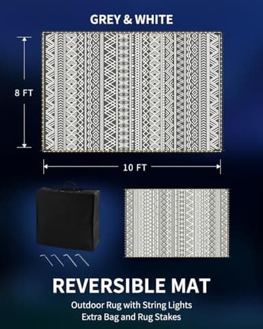 MontVoo-Outdoor Rug Carpet 8x10 ft for Patio RV Camping with Led Strip Lights Waterproof Plastic Straw Rug Reversible Portable Outside Indoor Outdoor Rug Mat for Patio Decor Balcony Picnic-Boho Rug - Image 2