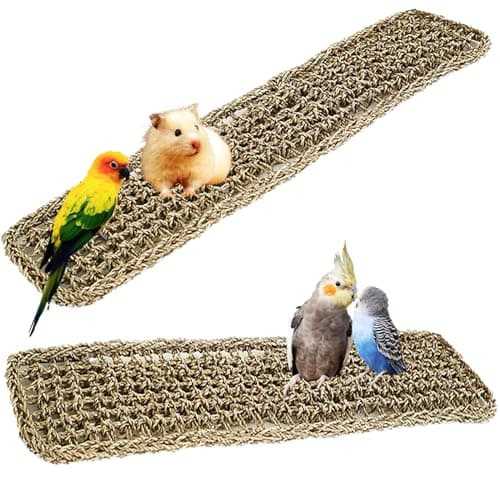 20.5 x 7.9 Inches Bird Seagrass Mat, Natural Grass Woven Bird Net Hammock Mat, Climbing Rope Ladder Chew Toy, Bird Cage Accessories for Parrots, Psittacines, Cockatiels, Hamsters, Lovebirds(2 Pack)