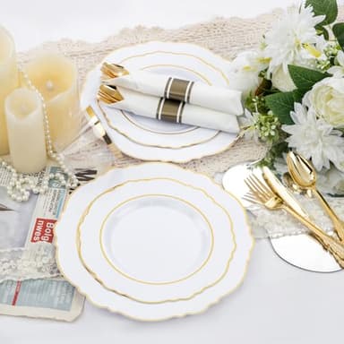 Liacere 350PCS Gold Plastic Plates-Disposable White and Gold Plates 50guest Baroque Plastic Dinnerware include 100Plates, 50Pack Pre Rolled Napkins with Silverware 50Cups for Wedding&Fall Decor - Image 4