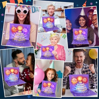 FITMITE Birthday Cards Birthday Gifts for Women Fireworks Pop Up Cake Light and Music Happy Birthday Card Purple Gold - Image 6