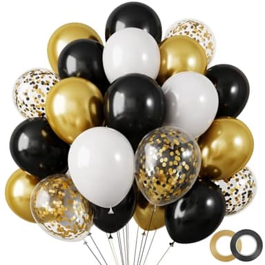RUBFAC 80Pcs 12 Inches, Black and Gold Confetti Balloons Kit Party Balloons with Ribbons for Birthday, Wedding, Baby Shower, Graduation, Eucalyptus Party Decorations - Image 1