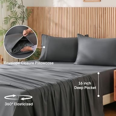 JSD 100% Cotton Sheet Set Queen, 300 Thread Count Dark Gray Sateen Sheets, Soft Breathable Cooling Sheets Deep Pocket - Image 6