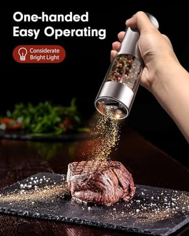 TOMEEM Upgraded Larger Capacity Electric Salt and Pepper Grinder Set Rechargeable with LED lights, Stainless Steel Automatic Pepper and Salt Grinder Refillable with 5 Adjustable Coarseness - Image 2