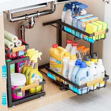 ADBIU Under Sink Organizer, 2 Pack 2 Tier Expandable Height (13.2" - 17.2") Pulling Out Kitchen Bathroom Cabinet Organizers - Image 1