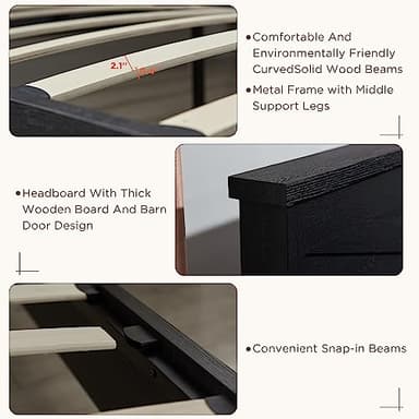 JXQTLINGMU Farmhouse Wood Bed Frame King Size with Sliding Barn Door Storage Cabinets and Headboard, Solid Wood Slats Support, Noiseless, No Box Spring Needed, Black - Image 5
