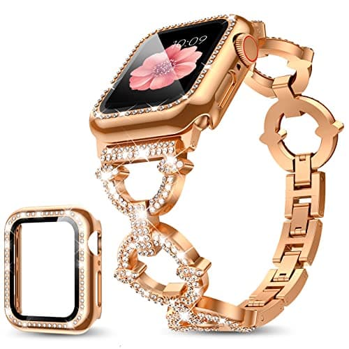 Mesime Compatible with Apple Watch Band 38mm 40mm 41mm 42mm 44mm 45mm , Women Girl Bling Diamond Jewelry Metal Strap Bands with Crystal Tempered Glass Screen Protector Case, Round Shiny Bracelet - Image 1