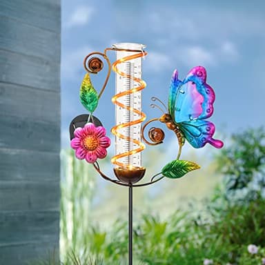 BAYN 36.3” Rain Gauge Outdoor Solar Powered 10 LEDs 7” Tube Garden Butterfly Metal Decorative Stake with Waterproof Large Glass Tube Rain Guage for Yard, Garden, Patio, Lawn - Image 6