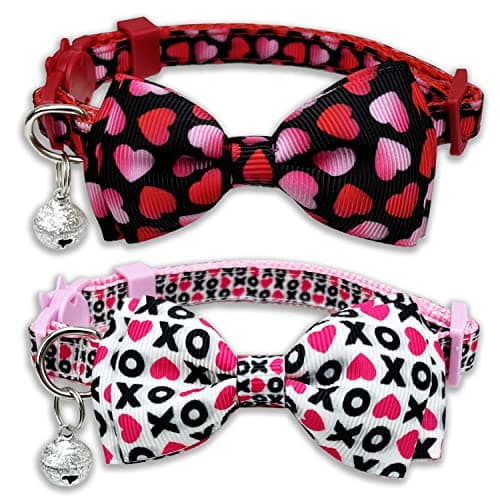 2 Pack Valentine Kitty Kitten Collar with Bow Tie, Holiday Heart Collar with Bell for Boys and Girls Male Female Cats (Pattern 1) - Image 1