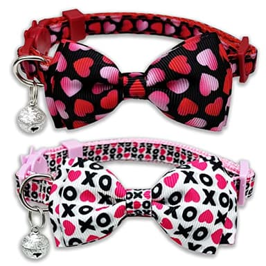 2 Pack Valentine Kitty Kitten Collar with Bow Tie, Holiday Heart Collar with Bell for Boys and Girls Male Female Cats (Pattern 1) - Image 1