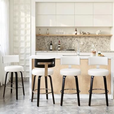 Bekrvio Swivel Counter Height Bar Stools Set of 4, 26” Seat Height Island Chairs Modern Kitchen Stools for Kitchen Counter, Faux Leather Upholstered Barstools with Back, Black Wood Legs and White Seat - Image 1