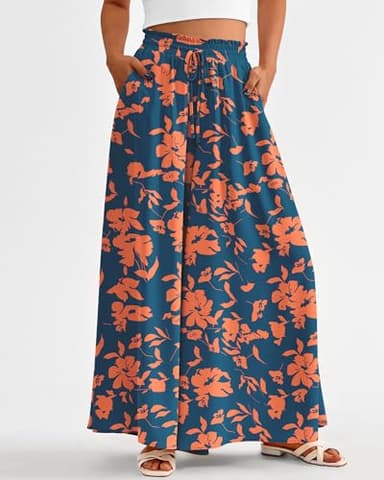 BTFBM Women Casual High Waist Wide Leg Pants 2025 Summer Fall Long Palazzo Pants Pocket Lounge Vacation Beach Trousers(Print Dark Blue Orange, Large) - Image 2