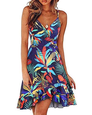 ULTRANICE Women's Summer Beach Dresses 2025 Casual Sundress Spring Trendy Floral Flowy Faux Wrap Midi Beach Vacation Outfits Clothes V-Neck Spaghetti Strap Dress(Blue Multicolored Floral,L) - Image 1