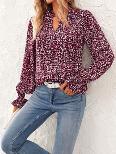 MASCOMODA Womens V Neck Floral Long Sleeve Tops 2025 Summer Casual Loose Puff Sleeve Chiffon Boho Work Blouse Dressy T Shirts(Floral Black Red,X-Large) - Image 3