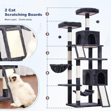 Gitelsnour Cat Tree for Indoor Cats, 71'' (180cm) Multi-Level Cat Tower for Large Adult, Sturdy Cat Tree House with 2 Scratching Boards 7 Posts, 2 Plush Perches/Condos, Hammock, Smoky Gray GCT032G - Image 2