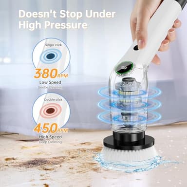 PUFTEM Electric Spin Scrubber, Cordless Shower Scrubber with 8 Scrub Brush, 2 Speed with Adjustable Extension Handle, Battery Level Display, Power Scrubber for Bathroom Bathtub Tile Floor (Black) - Image 4